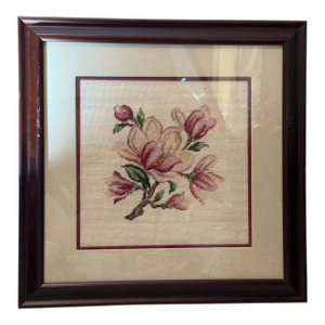 Vintage Framed Cross Stitch Magnolia Flower Botanical Art 23"x23" Professionally Framed Needlepoint Embroidery