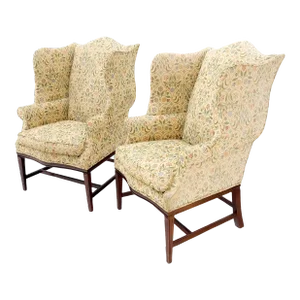 Deep Profile Antique Wing Arm Chairs Mahogany Legs Federal Style - A Pair