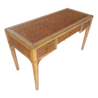 Vintage Mid Century c1970s Wicker Low Profile 3 Drawer Desk Console Mint For Sale