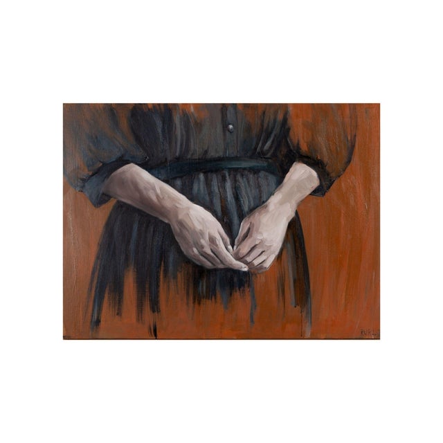 About the painting: this artwork captivates with its emotive portrayal of human hands, set against a rich, earthy orange...
