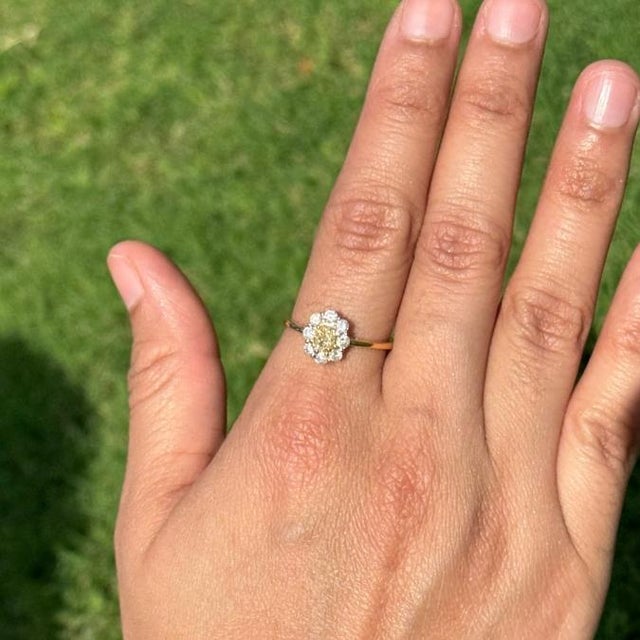 Metal Vintage-Inspired Natural Yellow Diamond Cluster Engagement Ring 14k Gold Size 4 For Sale - Image 7 of 17