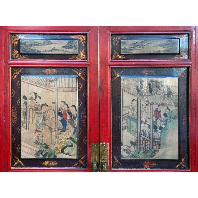 Vintage Oriental Red Beige People Scenery Graphic Storage Cabinet For Sale In San Francisco - Image 6 of 14