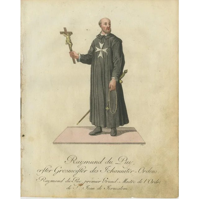 Raymond du Puy: 1791 Hand-Colored Engraving of the First Grand Master of the Hospitallers This captivating hand-colored...