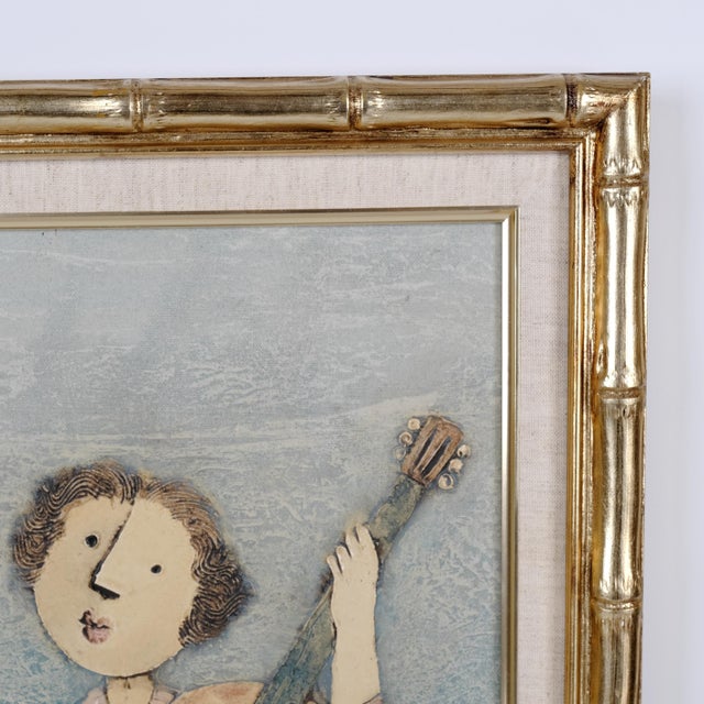 Joyce Roybal Guitarist Hand Painted & Signed Original One of a Kind Oil Painting on Canvas in Gilded Frame Late 20th Century For Sale - Image 4 of 7