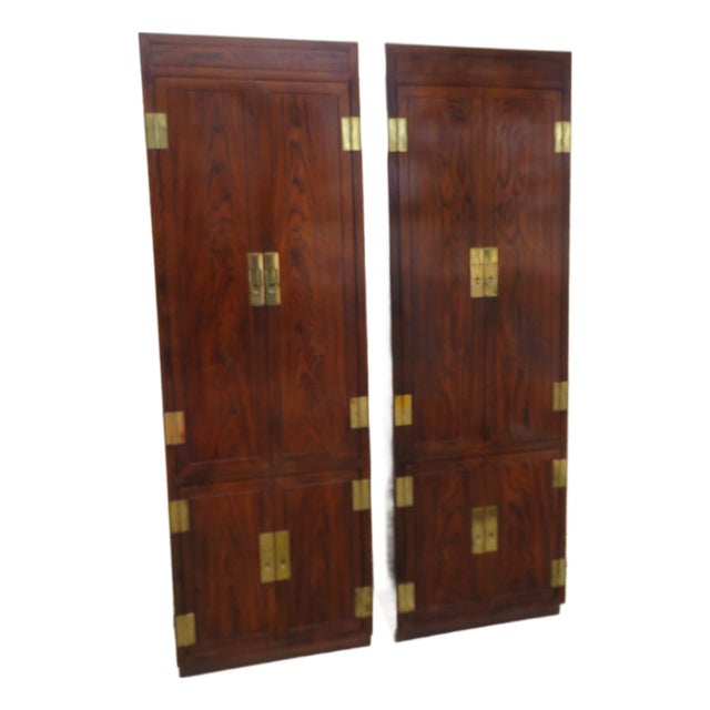 Henredon Campaign Style Tall Narrow Lacquered Armoires Chifforobes a Pair 6255 For Sale