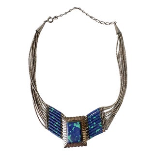 Vintage Amercian Multi-Strand Liquid Silver Necklace With Azurite and Malachite Pendant For Sale