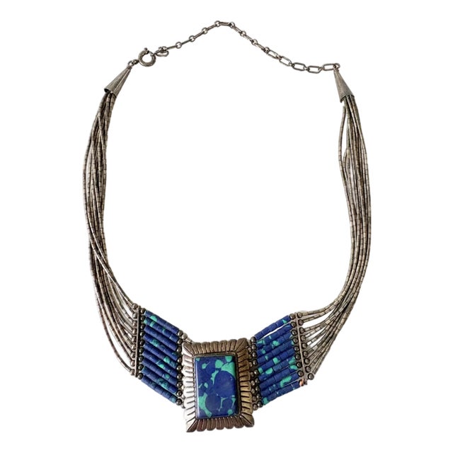 Vintage Amercian Multi-Strand Liquid Silver Necklace With Azurite and Malachite Pendant For Sale