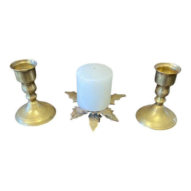 1970s Brass Candleholders & Candle - Set of 3 For Sale
