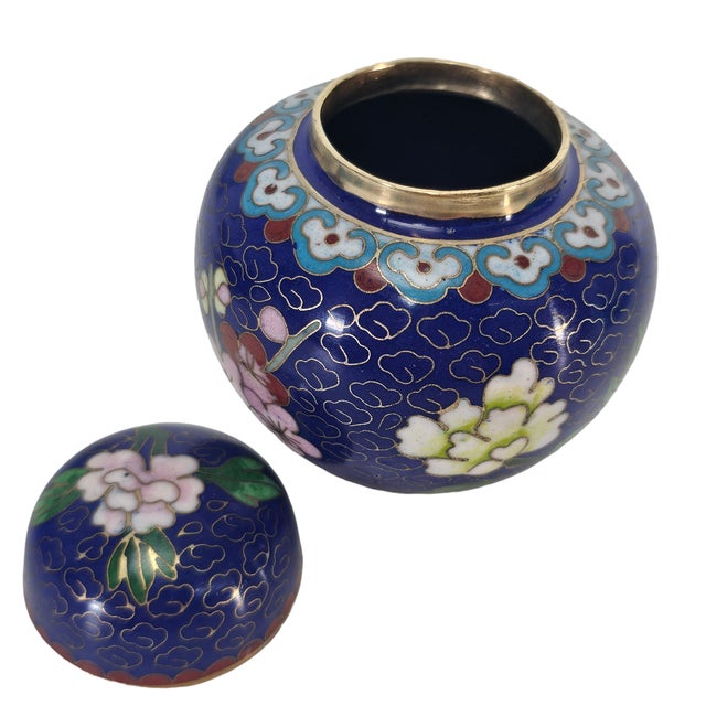 Vintage Chinese Cloisonné Floral Ginger Jar, Cobalt Blue, 3.5" For Sale In San Francisco - Image 6 of 9