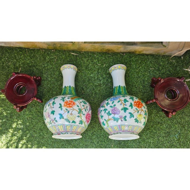 Pair of Late Qing Dynasty Chinese Famille Rose Phoenix Bottle Vases With Stands For Sale - Image 9 of 12