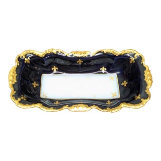Late 19th Century J. Pouyat Limoges Porcelain Fleur De Lis Royal Blue & Gold Gilt Tray For Sale