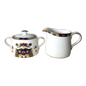 1990s Royal Crown Derby Rutland Sugar Bowl and Creamer - Blue & Rust Flowers, Gold Lattice Design, Gold Trim- 2 Pieces