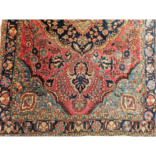 Vintage Persian Sarouk Area Rug, Handwoven Floral Design, Red & Turquoise, 4’ X 5’ For Sale - Image 9 of 12