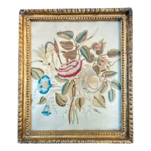 18th or 19th English Silk Stumpwork Embroidery of Floral Bouquet, Georgian For Sale