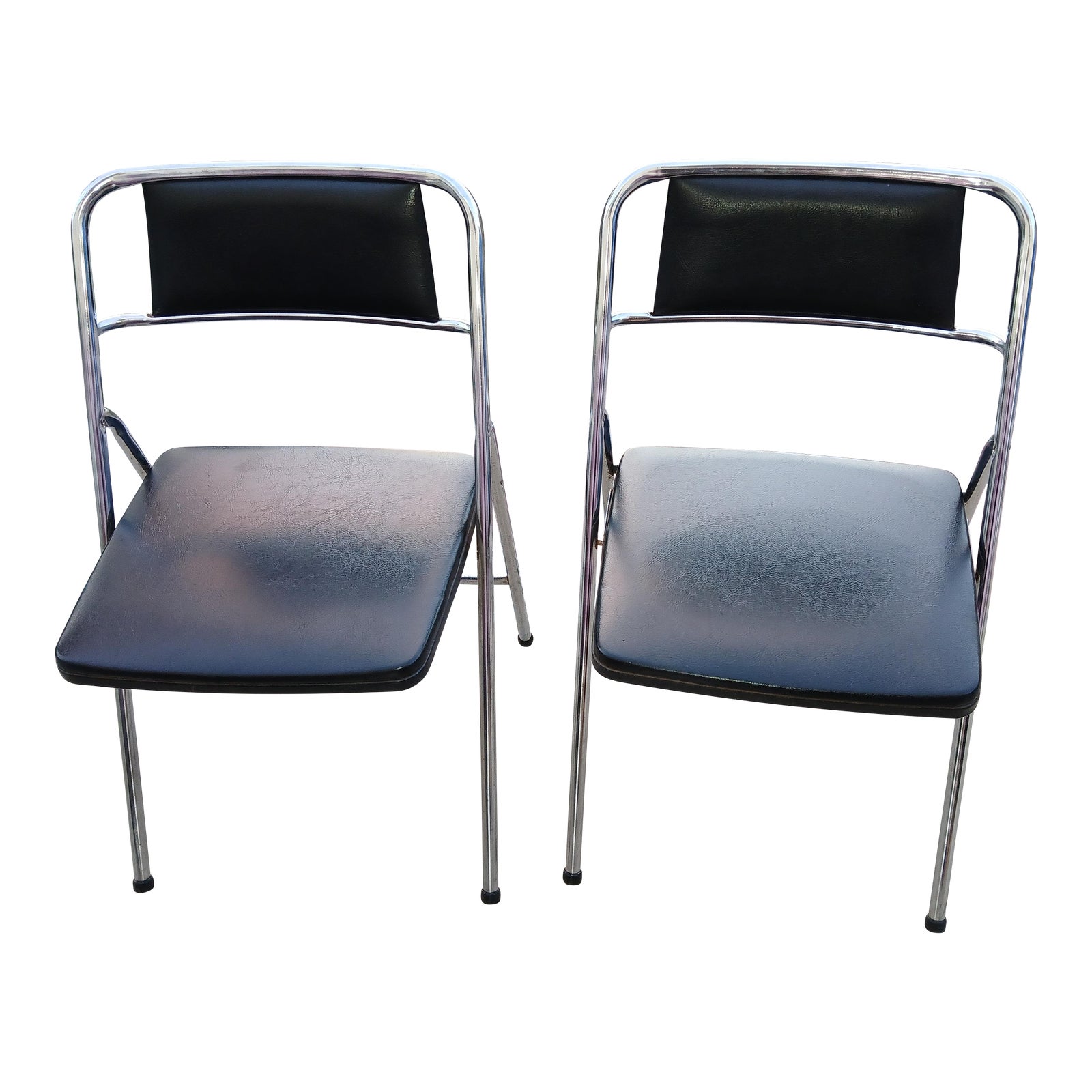 1950s Vintage Cosco Chrome and Black Vinyl Folding Chair Set of