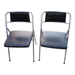 1950s Vintage Cosco Chrome and Black Vinyl Folding Chair Set of Two
