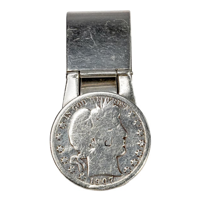 Handsome Vintage Sterling Silver Money Clip With 1907 Barber Half Dollar Coin Americana For Sale