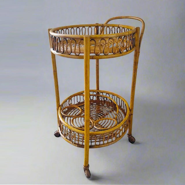 Vintage Bamboo and Rattan Serving Bar Cart by Franco Albini, 1960s For Sale - Image 4 of 9