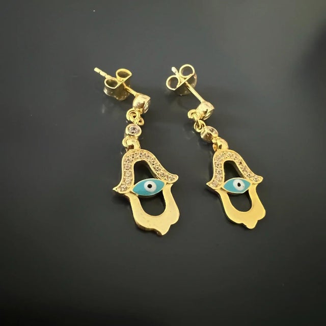 Early 21st Century Turquoise Enamel Evil Eye Gold Plated Hamsa Earrings, A Pair For Sale - Image 5 of 7