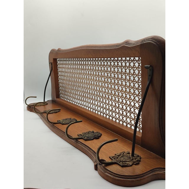 Vintage Viennese Oak Cane Wall-Mounted Coat Rack with Brass Hooks in Putto Motifs, 1960s For Sale - Image 11 of 17