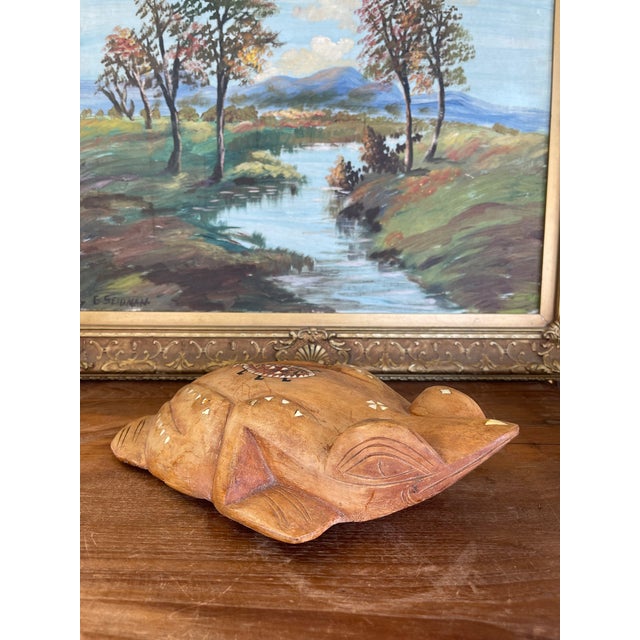 1970s Hand-Carved Wooden Frog Wall Plaque With Inlay and Tribal Motif Design For Sale - Image 11 of 11
