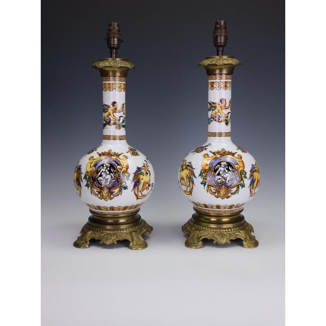 Pair of antique 19th century neo-renaissance italian majolica porcelain table lamps a magnificent and highly decorative...