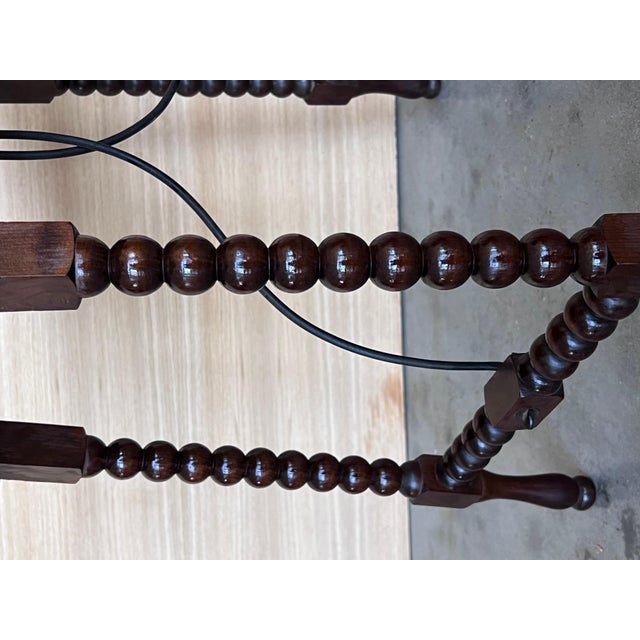 Wood 19th Spanish Side Table with Cared Turned Legs and Iron Stretcher For Sale - Image 7 of 18