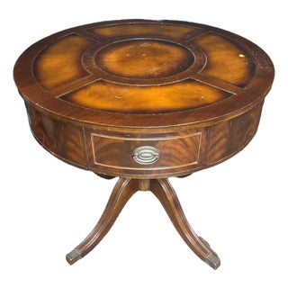 Antique Duncan Phyfe Style Mahogany Drum Center Table With Gold-Tooled Leather Top, Early 20th Century For Sale