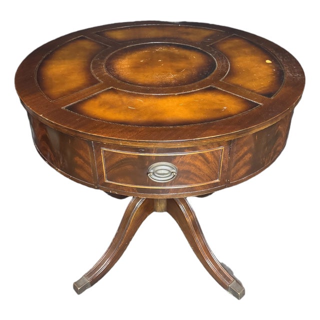 Antique Duncan Phyfe Style Mahogany Drum Center Table With Gold-Tooled Leather Top, Early 20th Century For Sale