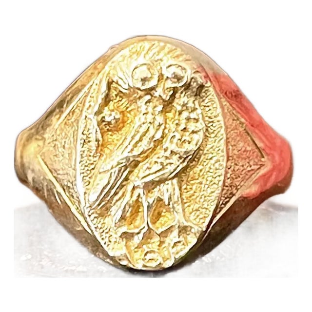 1970s Mid-Century Modern Owl of Athena 18k Gold Ring Coin Vibes For Sale