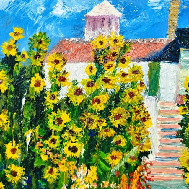 Wood M. Gimenez, Country House with Sunflowers and a Girl, Oil on Canvas, Framed For Sale - Image 7 of 9