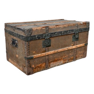 Large Antique Bohemian Wooden and Canvas Travel Trunk, 1920s For Sale