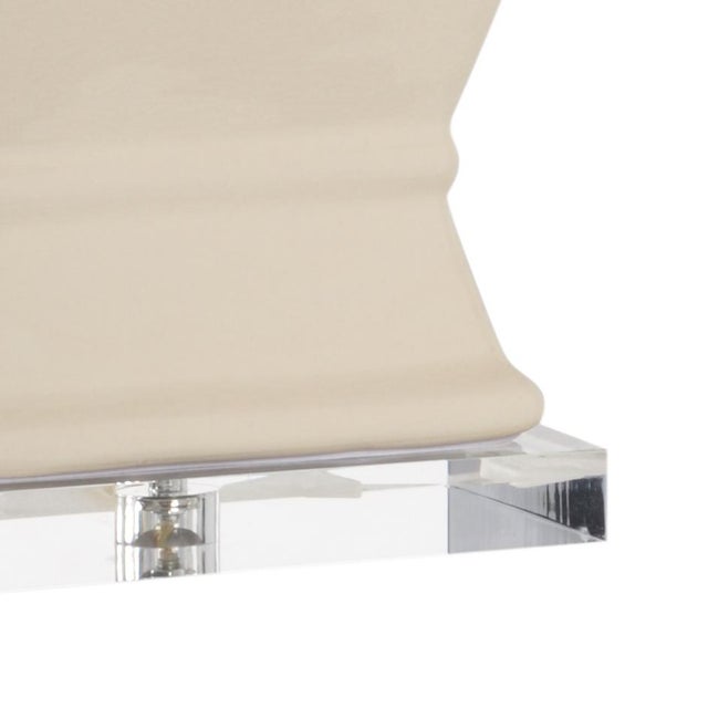 Cream Crackle Glazed Ceramic On Clear Acrylic Base With Antique Gold Cap And Antique Brass Parts Clean with a dry cloth