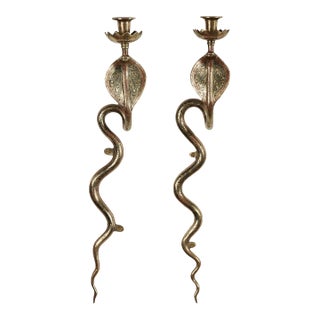 Vintage Pair of Anglo Indian Brass Snake Wall Sconces For Sale