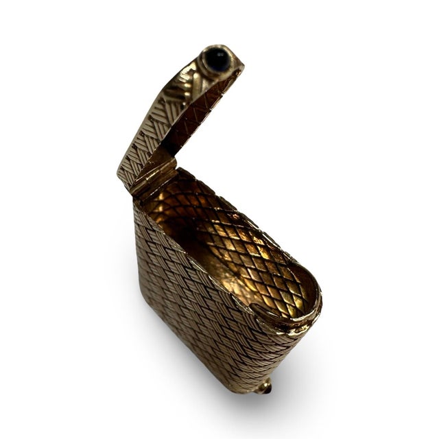 Metal Vintage Tiffany & Co. 14k Gold Pill Box With Blue & Red Cabochons, Basketweave Design, 2 Compartments For Sale - Image 7 of 12