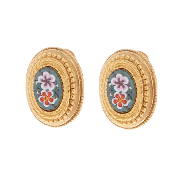 Gold clip on earrings with Mosaic All our jewelry is hand made in our studio in NYC Dimensions: 1 1/4" Material: 24K Gold...