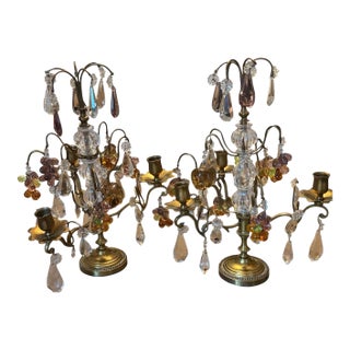 Pair 3-Arm French Gilt Brass Crystal Fruit and Crystal Candelabra, Made in France, Mid-Century Hollywood Regency For Sale
