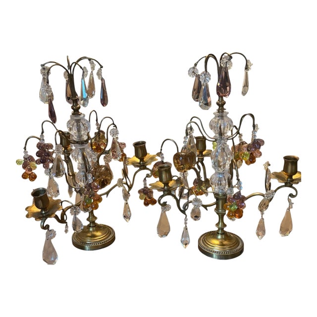 Pair 3-Arm French Gilt Brass Crystal Fruit and Crystal Candelabra, Made in France, Mid-Century Hollywood Regency For Sale