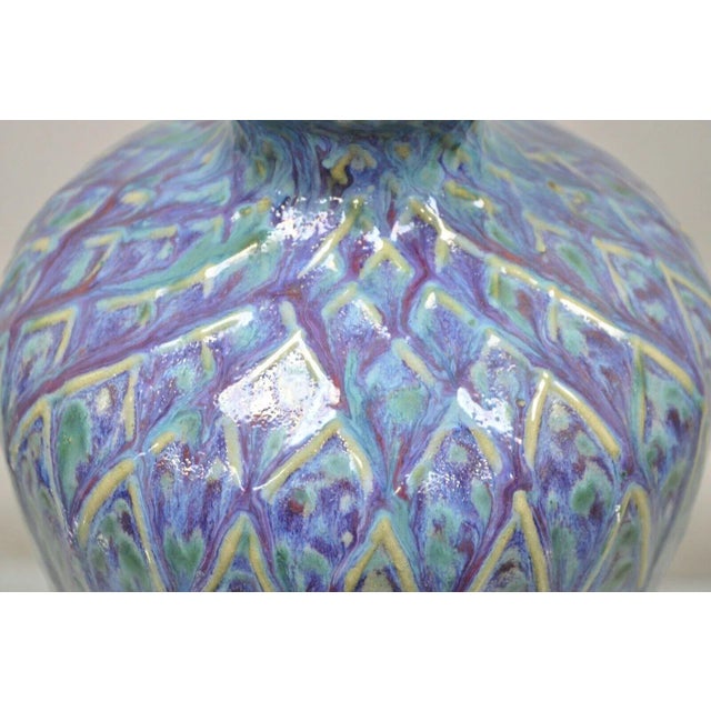 Mid 20th Century Mid-Century Modern Ceramic Pottery Glazed Feather Pulled Purple Blue Vase For Sale - Image 5 of 11