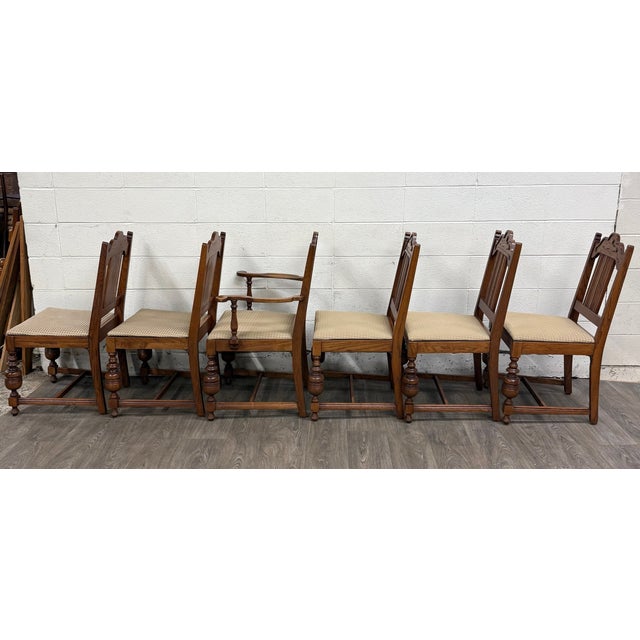 Vintage Jacobean Revival or English Tudor Style Oak Dining Chairs - Set of 6 For Sale - Image 13 of 16