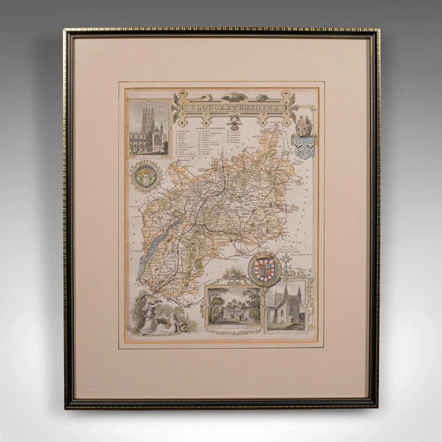 This is an antique lithography map of Gloucestershire. An English, framed atlas engraving of cartographic interest, dating...