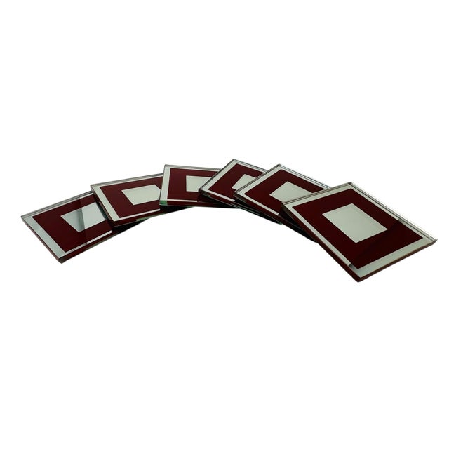 Glass Vintage 1980s Mirrored Glass Coasters - Maroon Border & Polished Edges - Flat Square Barware With Rubber Feet - Set of 6 For Sale - Image 7 of 11