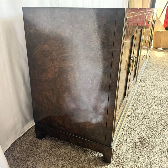 Hollywood Regency Burlwood and Brass Credenza by Mastercraft For Sale - Image 10 of 12