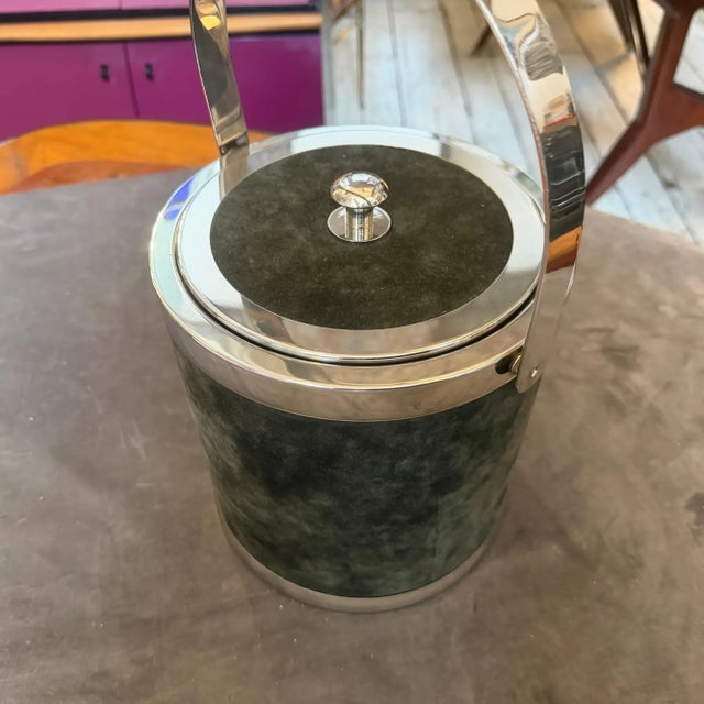 Black 1970s Mid-Century Modern Metal and Green Moleskin Ice Bucket Glacette by Lidian For Sale - Image 8 of 9