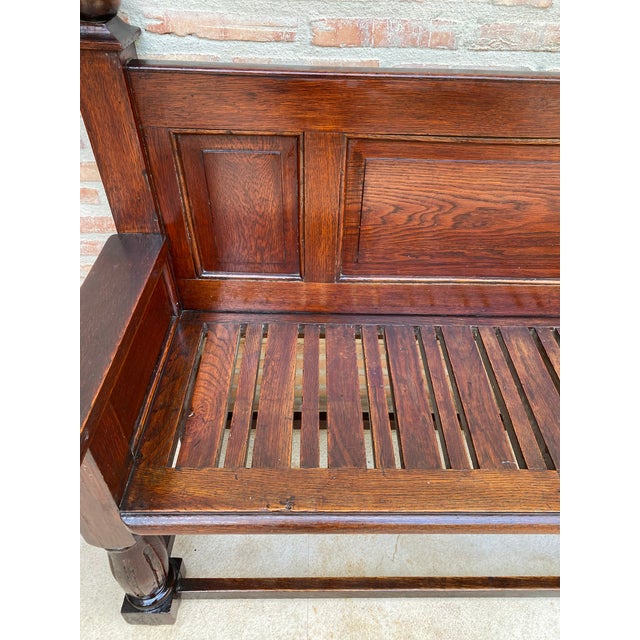 Antique Spanish Oak Bench With Paneled Back and Turned Legs For Sale - Image 14 of 14