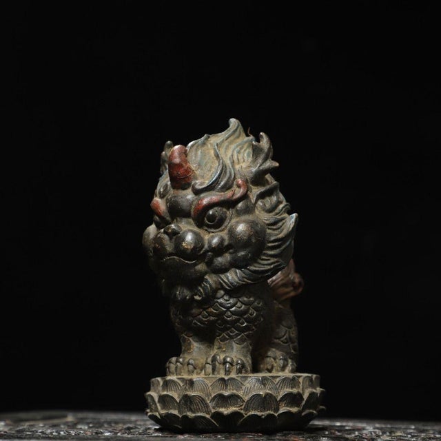 Late 19th Century Vintage Gilt Bronze Qilin Sculpture Mythical Beast Figure on Lotus Base For Sale - Image 5 of 9