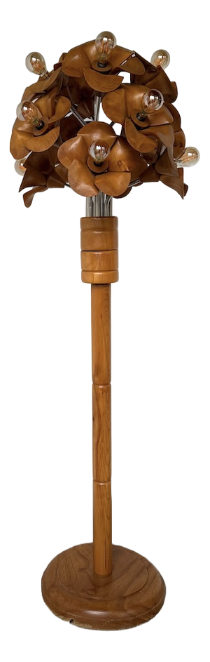 Elm Floor Lamp with Flower Motifs, 1970s