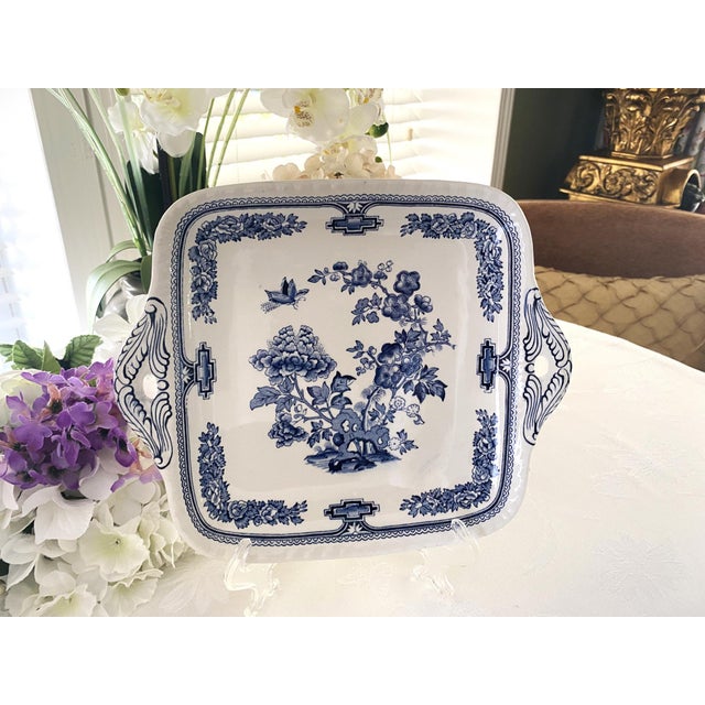 Ceramic 1930's Mason's Ironstone Cake Plate/Tray, Chinoiserie Pattern, Manchu Blue- Square, Tab Handles For Sale - Image 7 of 14