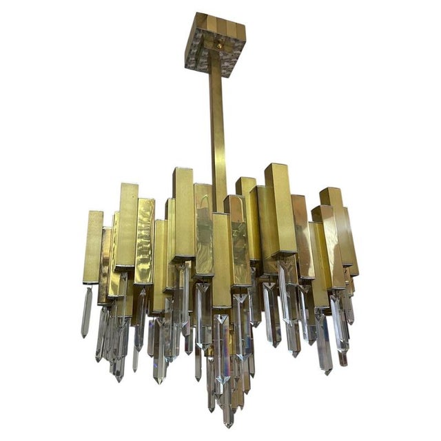 Crystal and Gilt Brass Chandelier attributed to BD Lumica, Spain, 1970s For Sale - Image 9 of 9