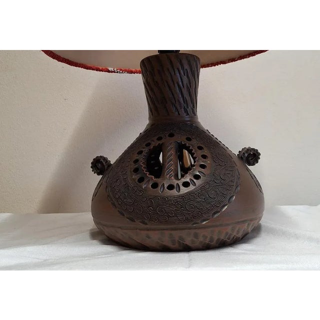 Textile Vintage German Table Lamp with an Internally Lit Brown Ceramic Base and Handmade Fabric Shade from Lamplove, 1970s For Sale - Image 7 of 10